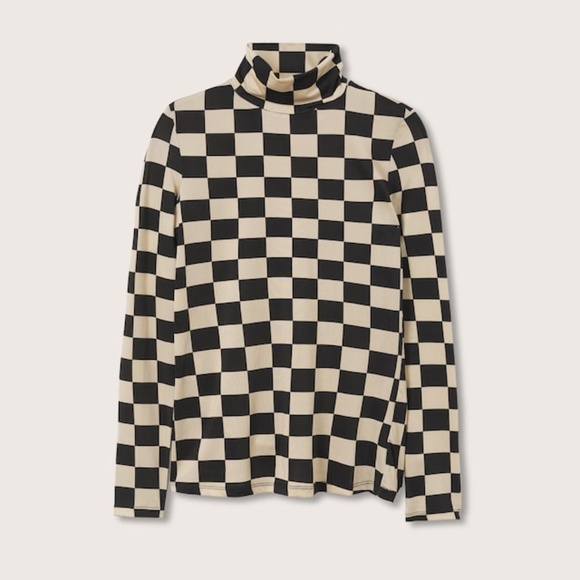 Checkered turtleneck long-sleeved knit top - Picture 2 of 11